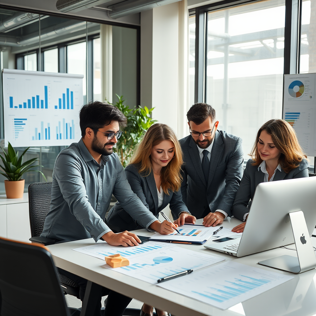 Equipo profesional de soravexalune trabajando en oficina moderna con gráficos financieros y herramientas de planificación