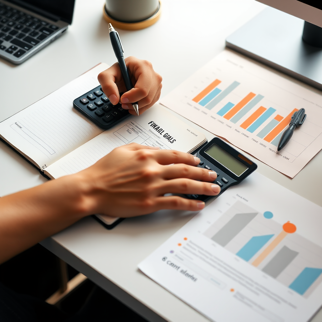 Persona escribiendo objetivos financieros en un cuaderno con calculadora y gráficos de planificación sobre un escritorio moderno