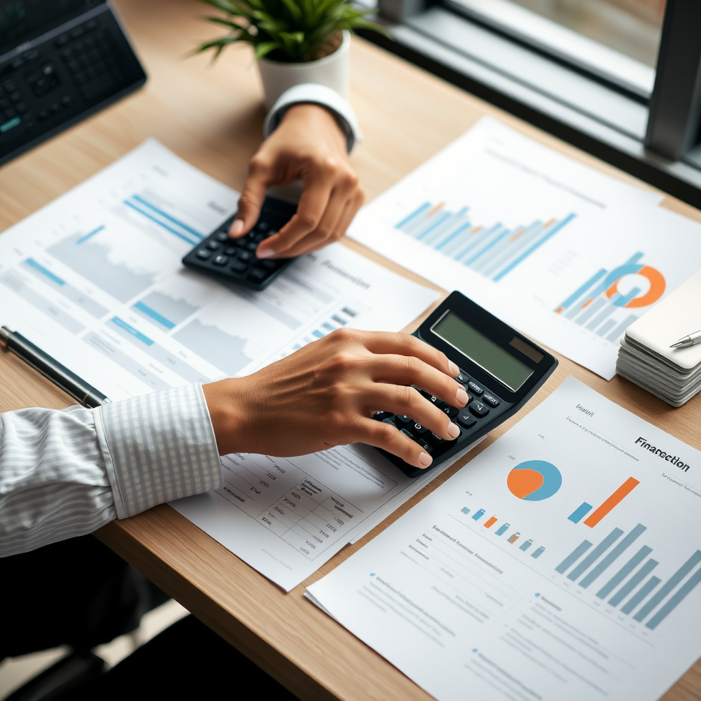 Persona planificando sus objetivos financieros con documentos, calculadora y gráficos sobre una mesa de oficina moderna