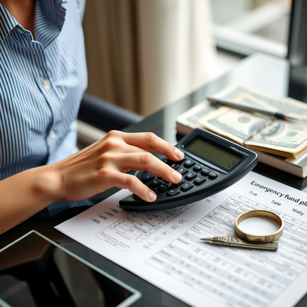 Persona calculando finanzas personales con calculadora y billetes sobre escritorio moderno, representando la planificación de un fondo de emergencia