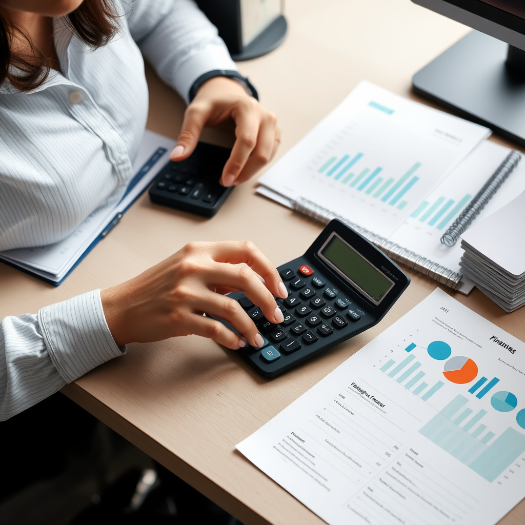 Persona organizando sus finanzas personales en un escritorio moderno con calculadora, documentos financieros y gráficos de presupuesto