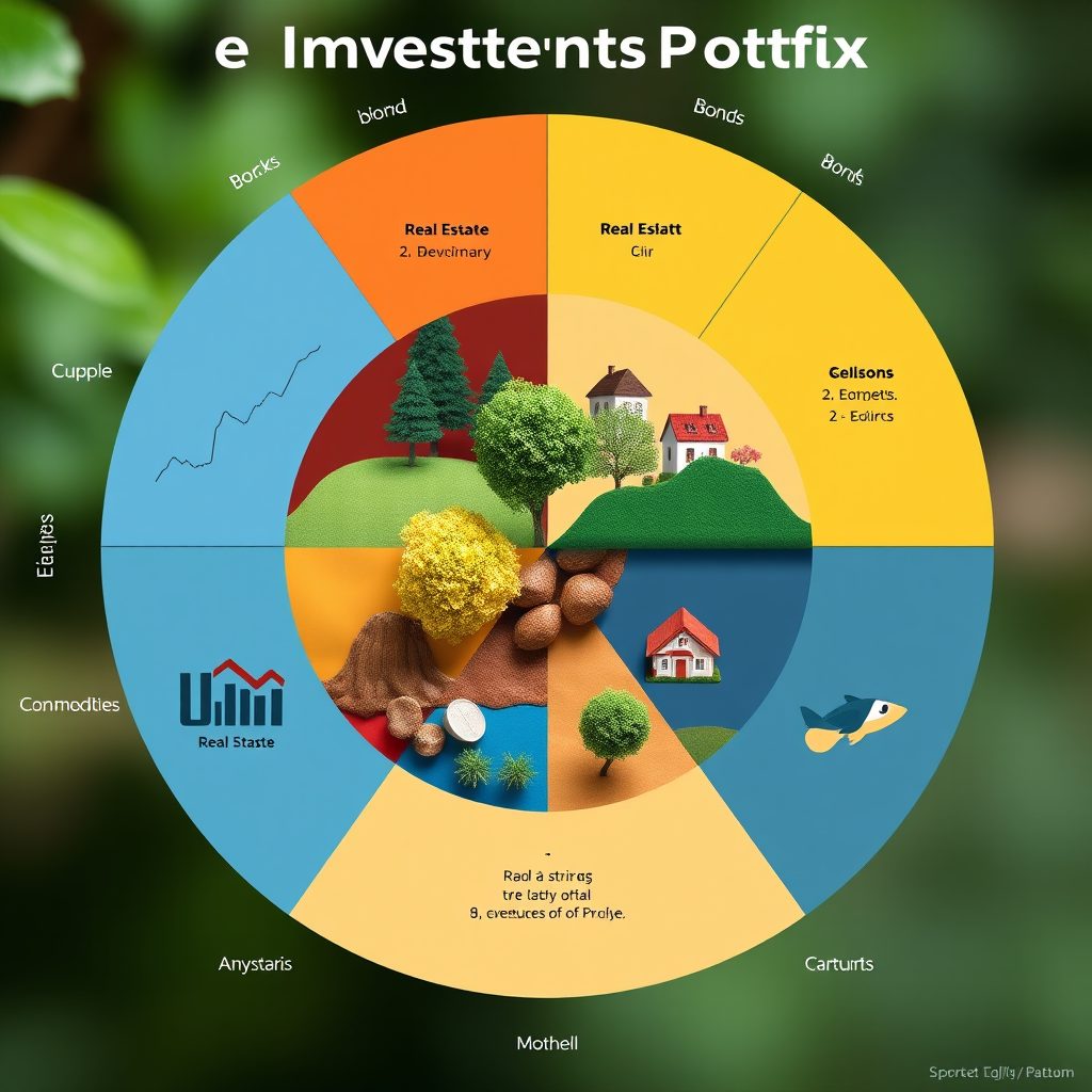 Gráfico de cartera de inversión diversificada mostrando múltiples clases de activos incluyendo acciones, bonos, bienes raíces y materias primas