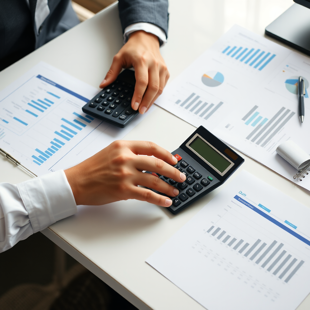 Persona organizando documentos financieros y calculando deudas en un escritorio limpio con calculadora, papeles y gráficos de finanzas