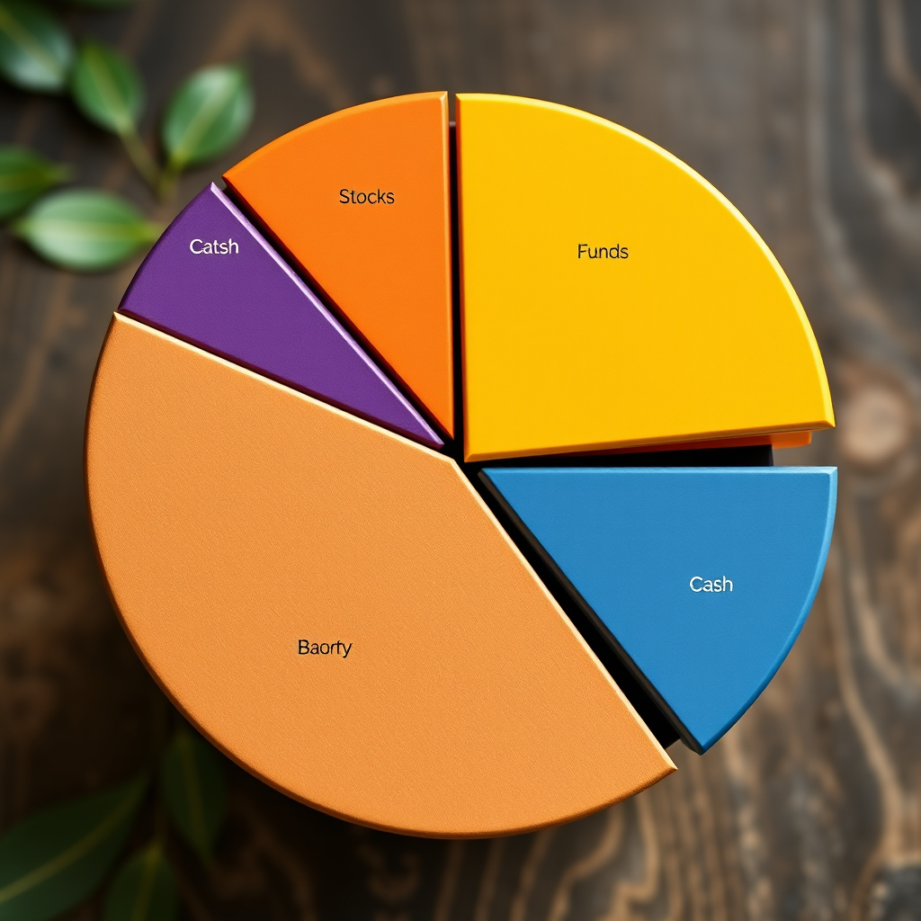 Gráfico circular de asignación de activos mostrando diferentes categorías de inversión como acciones, bonos, fondos y efectivo