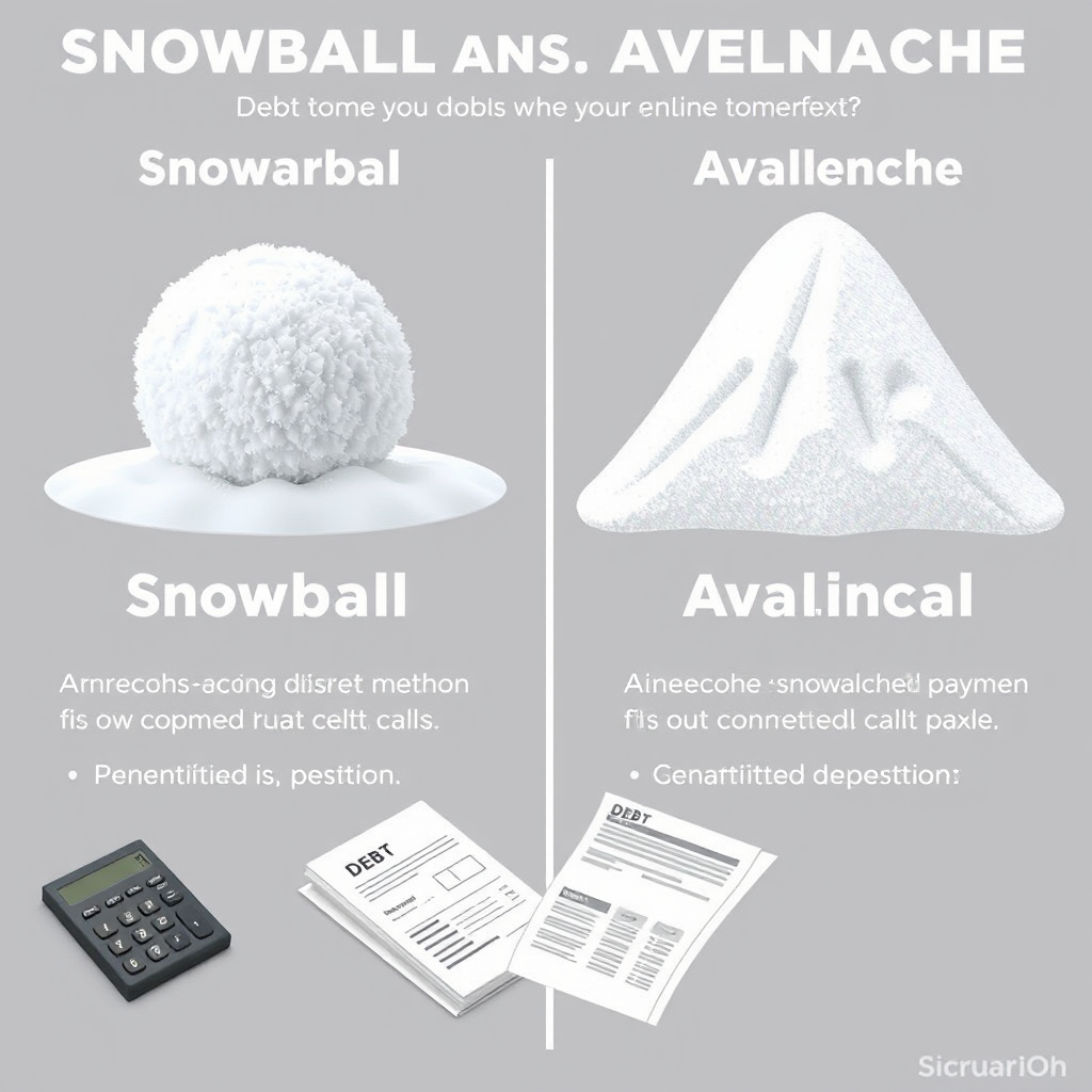 Gráfico comparativo mostrando los métodos bola de nieve y avalancha para pago de deudas con calculadora y documentos financieros