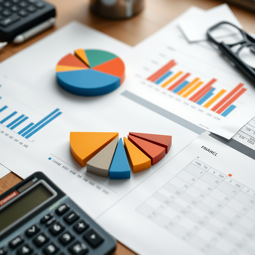 Gráficos circulares y de barras mostrando distribución de presupuesto con calculadora y documentos financieros sobre mesa de trabajo