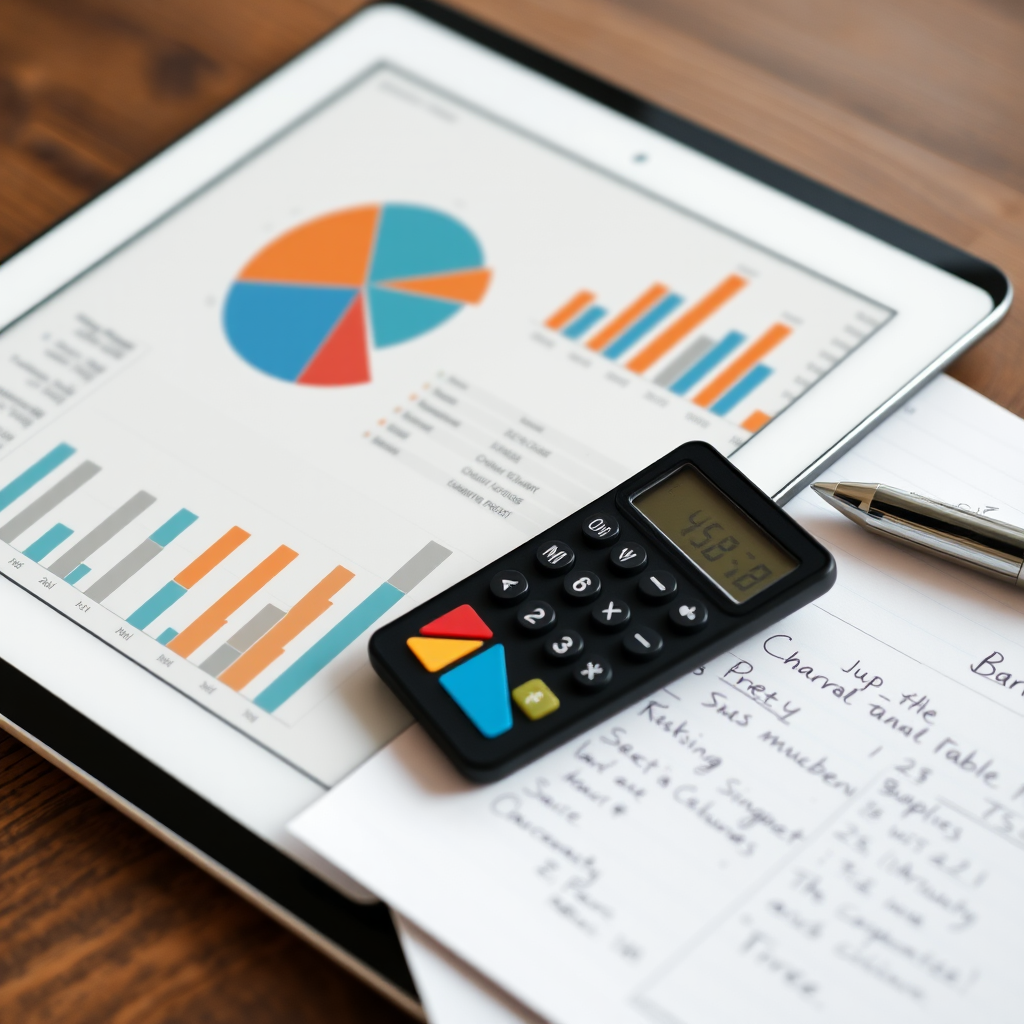 Gráficos circulares y tablas de presupuesto en una tablet con calculadora y notas sobre estrategia financiera