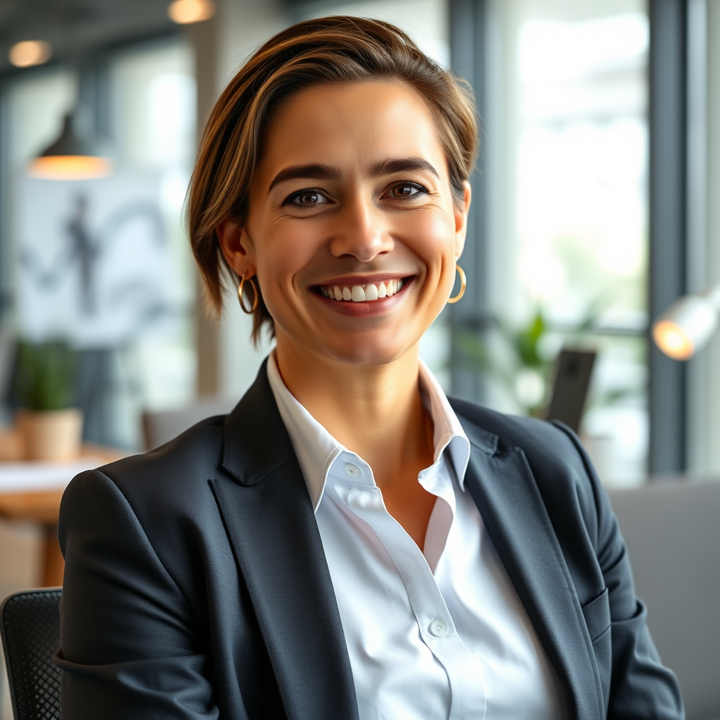 Asesora financiera profesional sonriente en oficina moderna