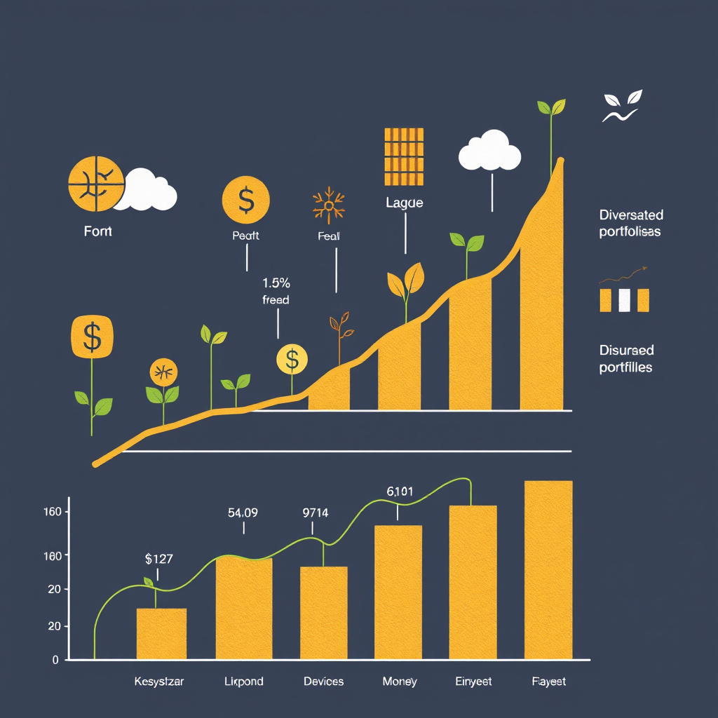 Gráficos de crecimiento financiero con símbolos de diferentes tipos de inversiones y portafolios diversificados