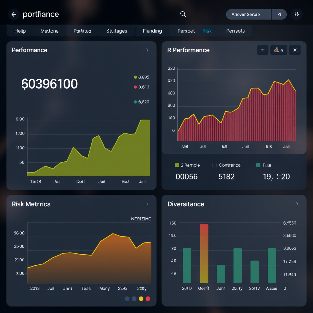 Panel de control de rendimiento de cartera mostrando gráficos de desempeño, métricas de riesgo y indicadores de diversificación