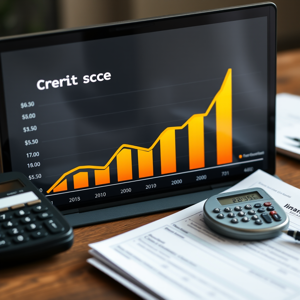 Gráfico mostrando mejora en puntaje crediticio con documentos financieros, calculadora y tendencia ascendente en pantalla