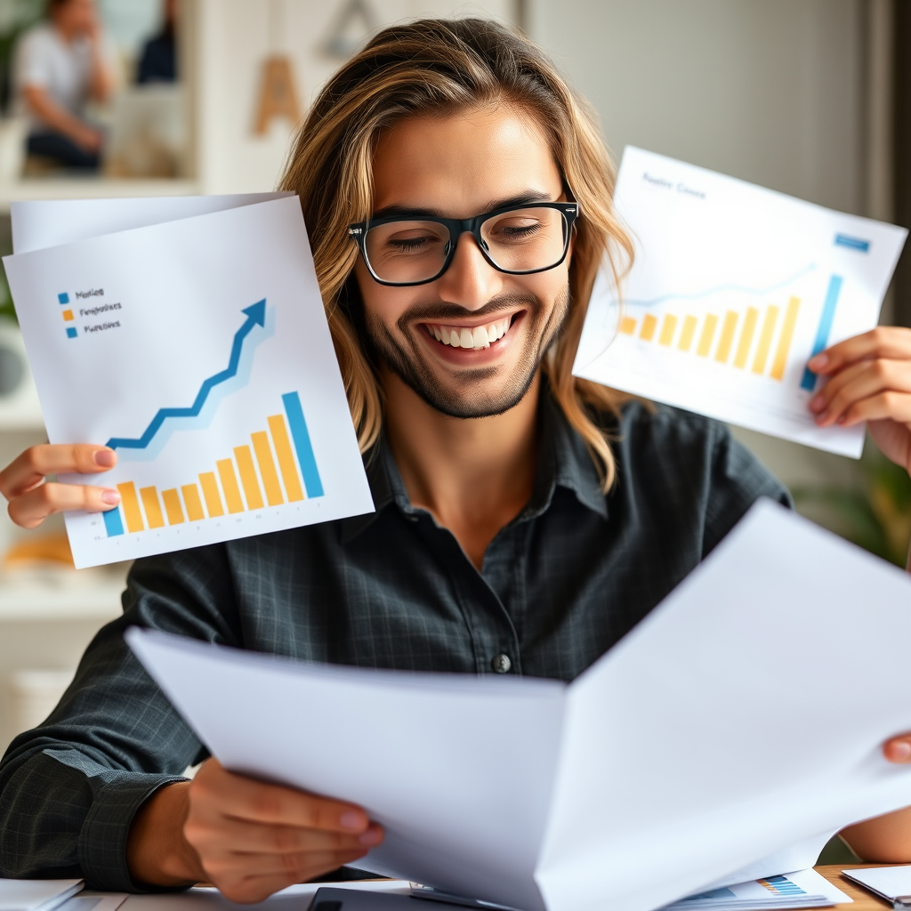 Persona sonriente revisando sus finanzas exitosas con gráficos de crecimiento positivo y documentos organizados